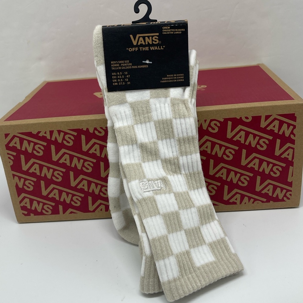 Vans Men's Checkered Socks - White and Tan Vans Checkerboard Crew Socks (1 pair)